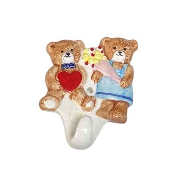 VTG Takahashi Teddy Bear Ceramic Wall Hooks Heart Flowers EUC Baby Kids - Picture 3 of 9